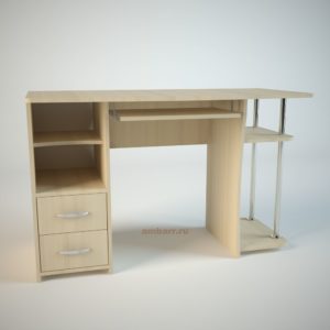 Белый прямоугольный компьютерный стол с двумя выдвижными ящиками и полками